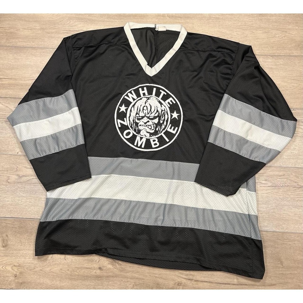 White Zombie Hockey Jersey 90s Vintage GEM Black Mesh Embroidered Logo OSFA